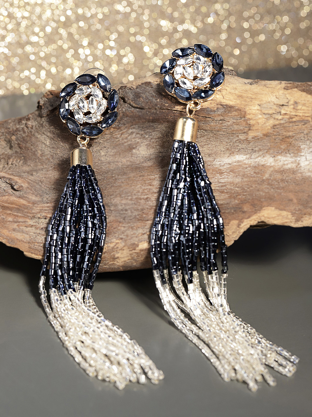 YouBella Navy  Silver-Toned Gold-Plated Beaded Floral Tasselled Drop Earrings
